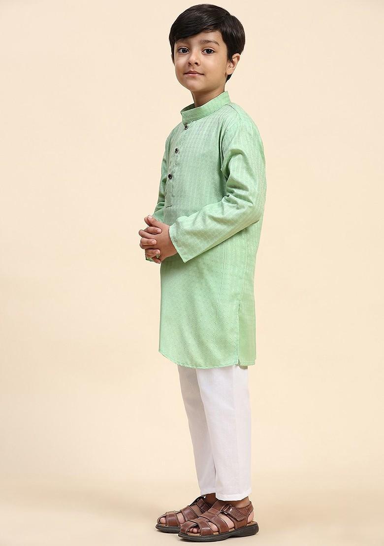 Green Woven Design Cotton Kurta Set For Boys - Indya