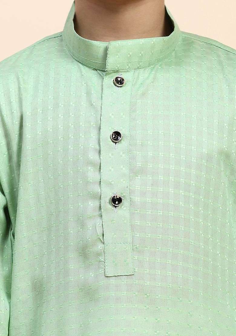 Green Woven Design Cotton Kurta Set For Boys - Indya