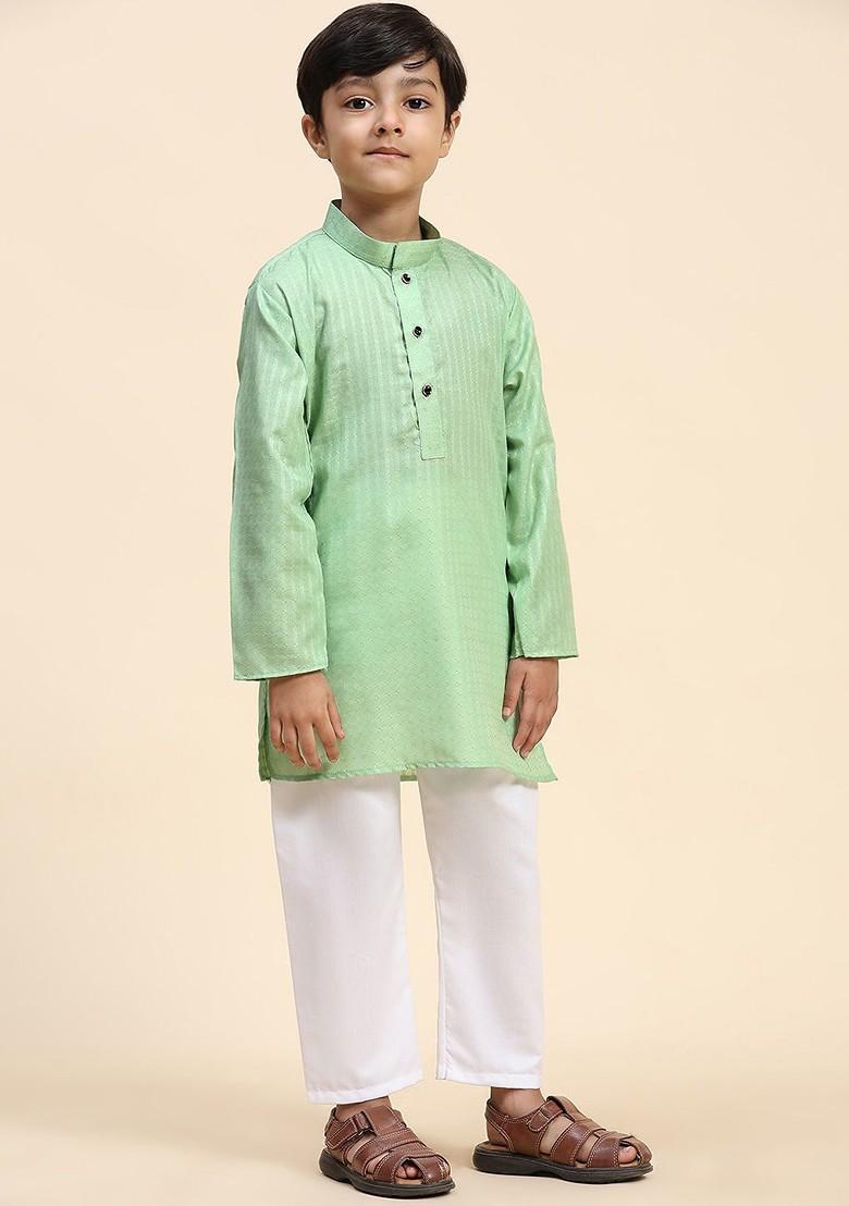 Green Woven Design Cotton Kurta Set For Boys - Indya