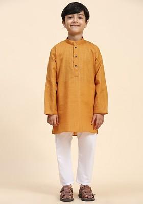 Orange Woven Design Cotton Kurta Set For Boys