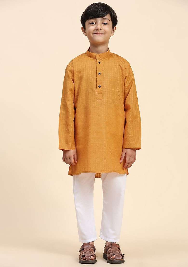Orange Woven Design Cotton Kurta Set For Boys - Indya