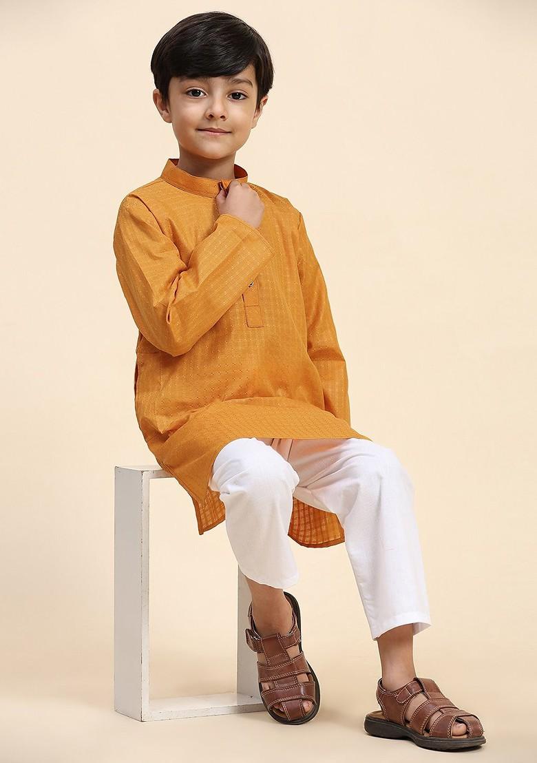 Orange Woven Design Cotton Kurta Set For Boys - Indya