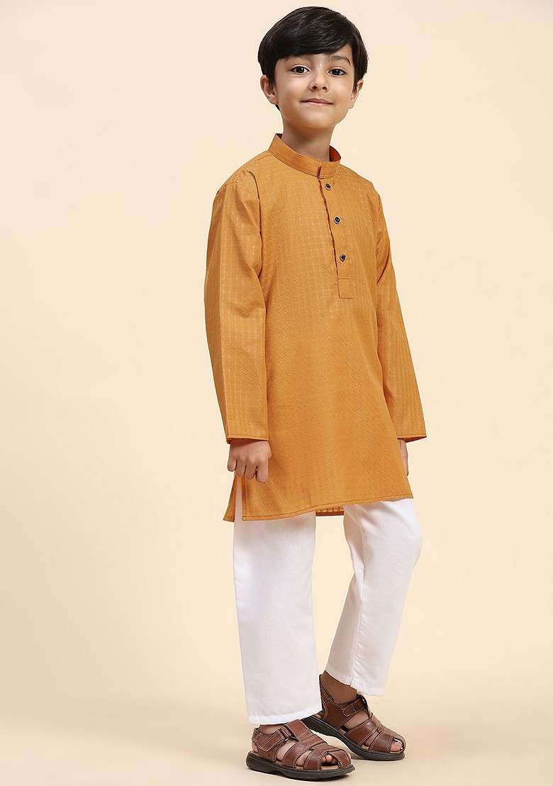 Orange Woven Design Cotton Kurta Set For Boys - Indya