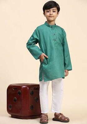 Green Woven Design Cotton Kurta Set For Boys
