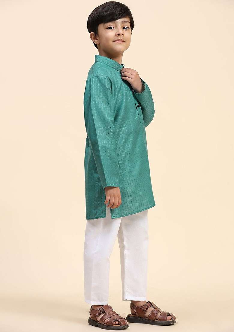 Green Woven Design Cotton Kurta Set For Boys - Indya