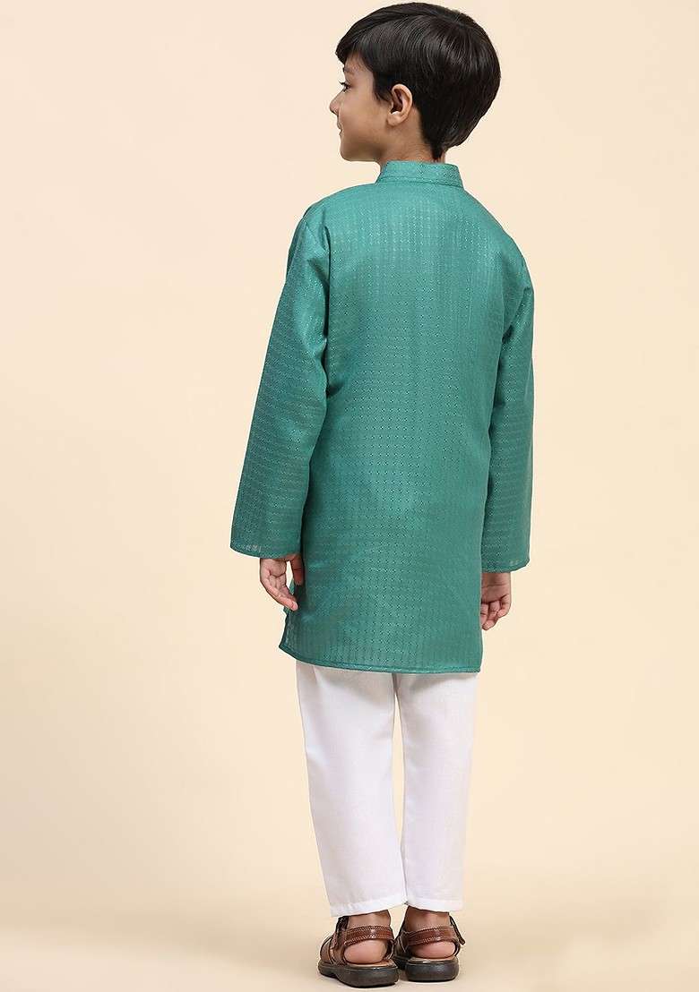 Green Woven Design Cotton Kurta Set For Boys - Indya