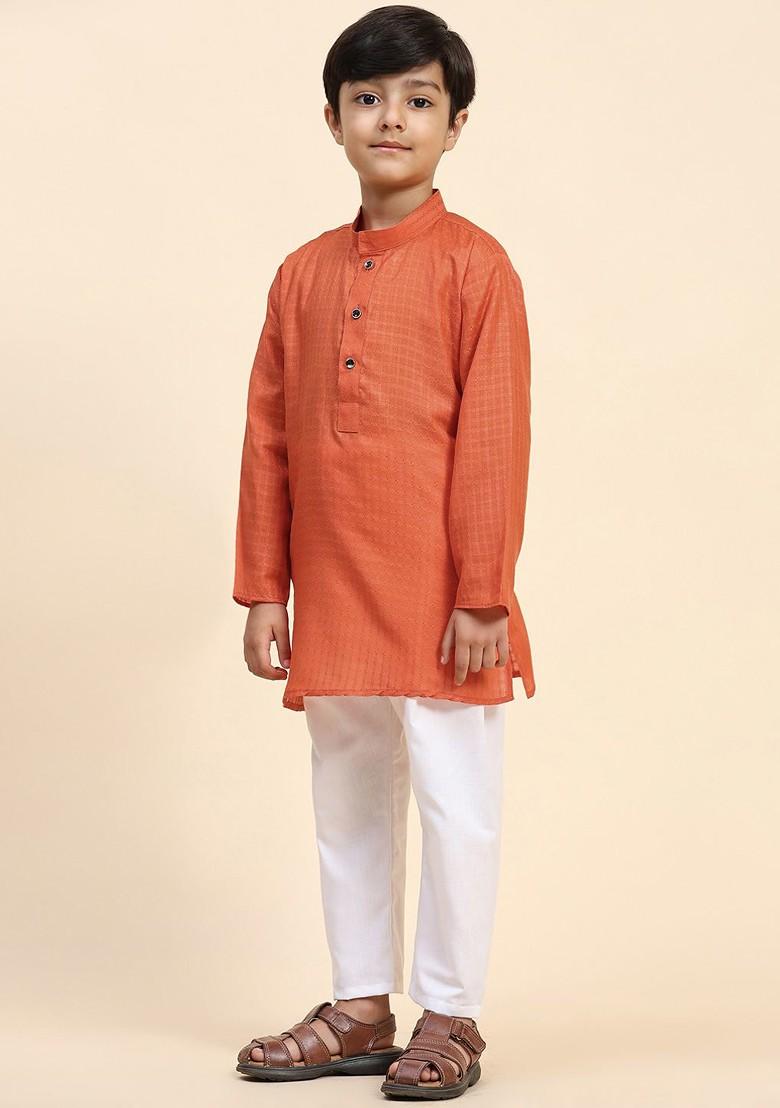 Orange Woven Design Cotton Kurta Set For Boys - Indya