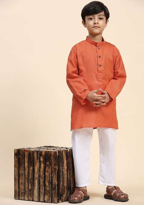 Orange Woven Design Cotton Kurta Set For Boys