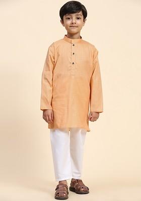 Peach Woven Design Cotton Kurta Set For Boys