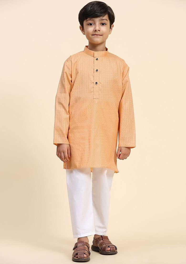 Peach Woven Design Cotton Kurta Set For Boys - Indya