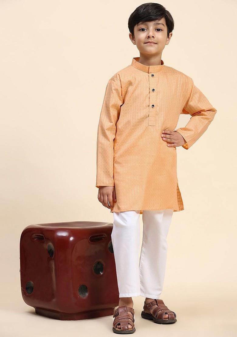 Peach Woven Design Cotton Kurta Set For Boys - Indya