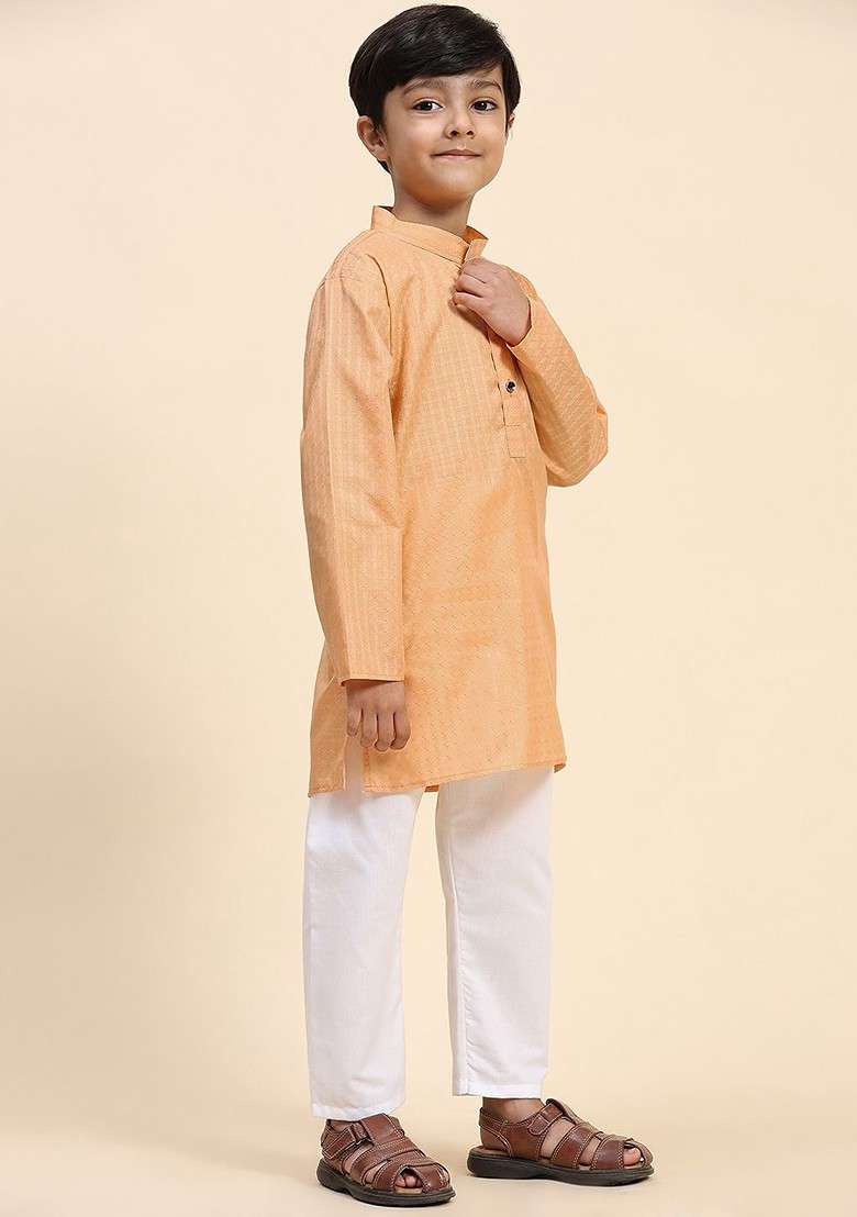 Peach Woven Design Cotton Kurta Set For Boys - Indya