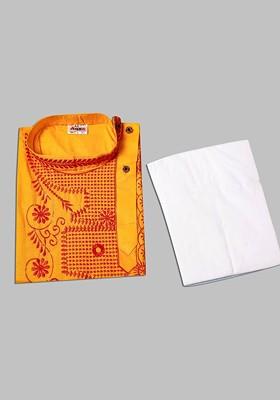 Yellow Embroidered Cotton Kurta Set For Boys