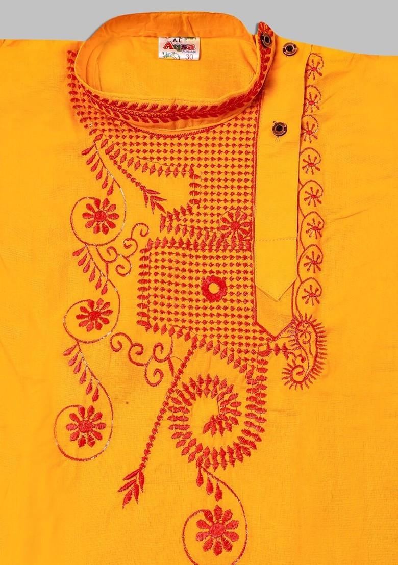 Yellow Embroidered Cotton Kurta Set For Boys - Indya