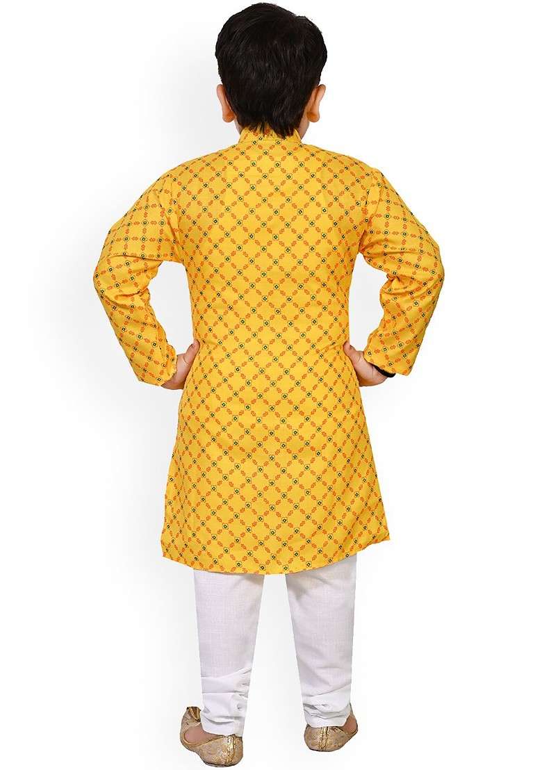 Yellow Printed Blended Kurta Set For Boys - Indya