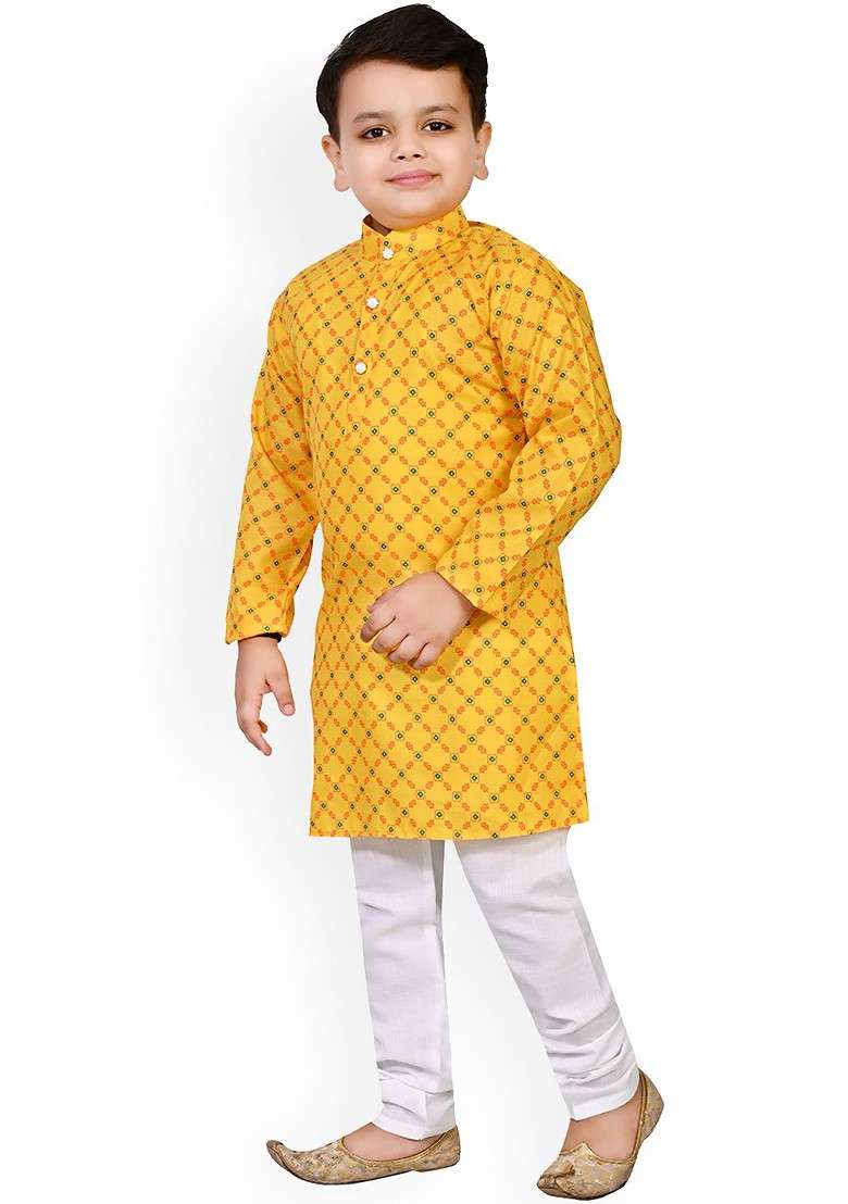 Yellow Printed Blended Kurta Set For Boys - Indya