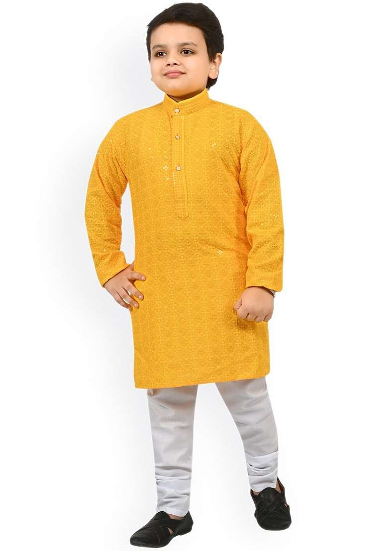 Yellow Embroidered Blended Kurta Set For Boys - Indya