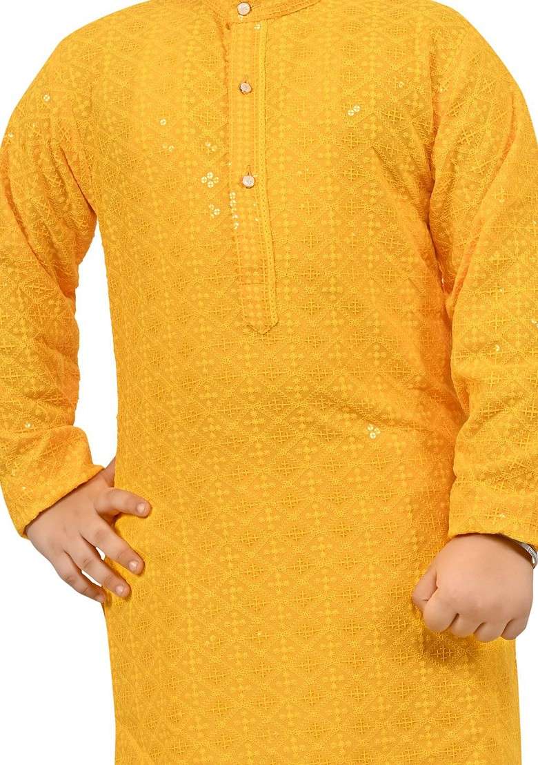 Yellow Embroidered Blended Kurta Set For Boys - Indya
