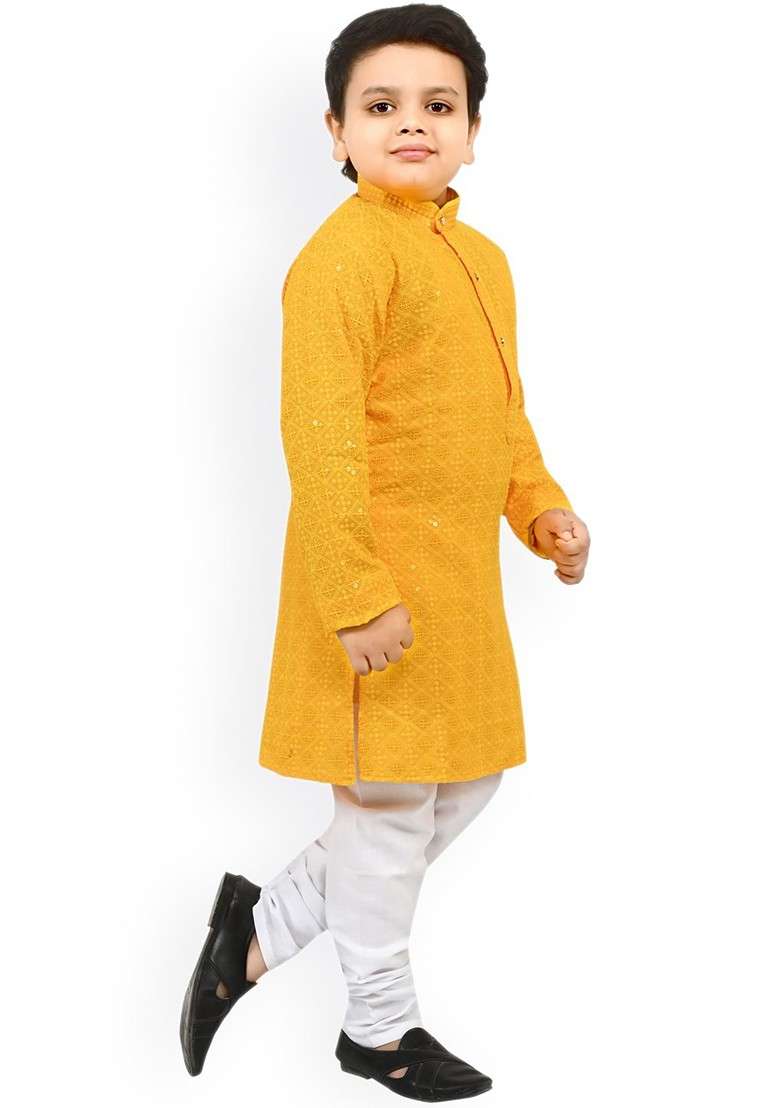 Yellow Embroidered Blended Kurta Set For Boys - Indya