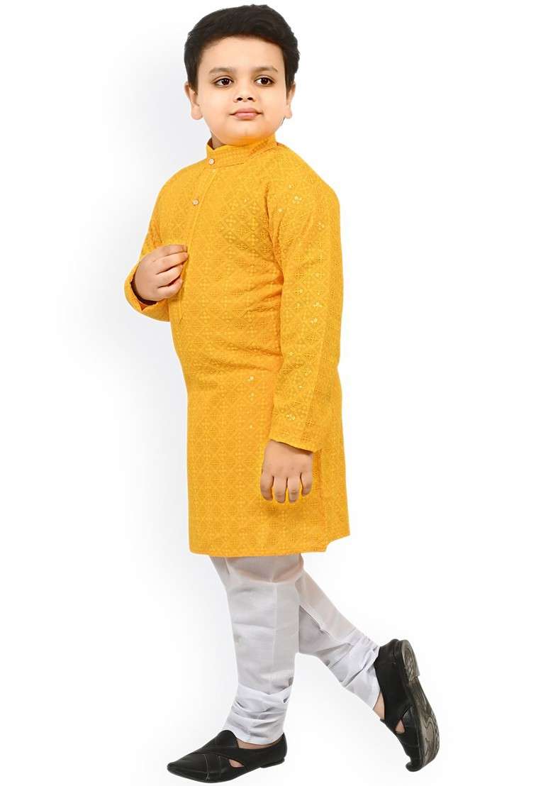 Yellow Embroidered Blended Kurta Set For Boys - Indya