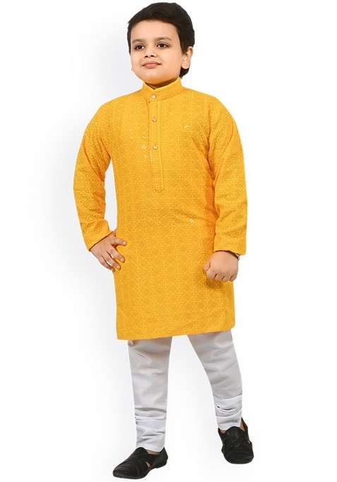 Yellow Embroidered Blended Kurta Set For Boys