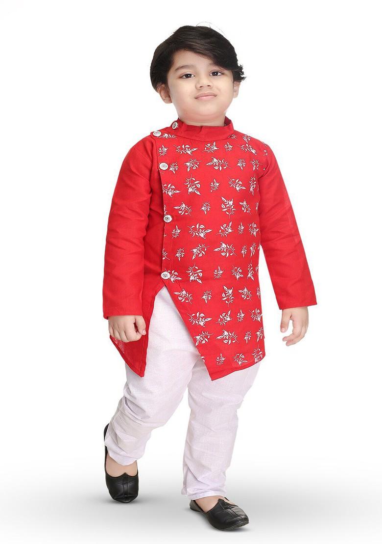 Red Printed Cotton Kurta Set For Boys - Indya