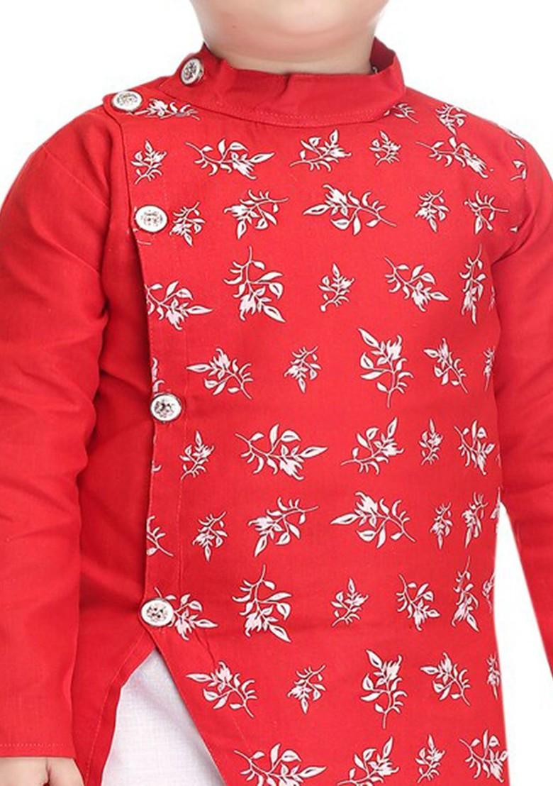 Red Printed Cotton Kurta Set For Boys - Indya