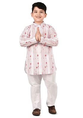 Red Striped Cotton Kurta Set For Boys