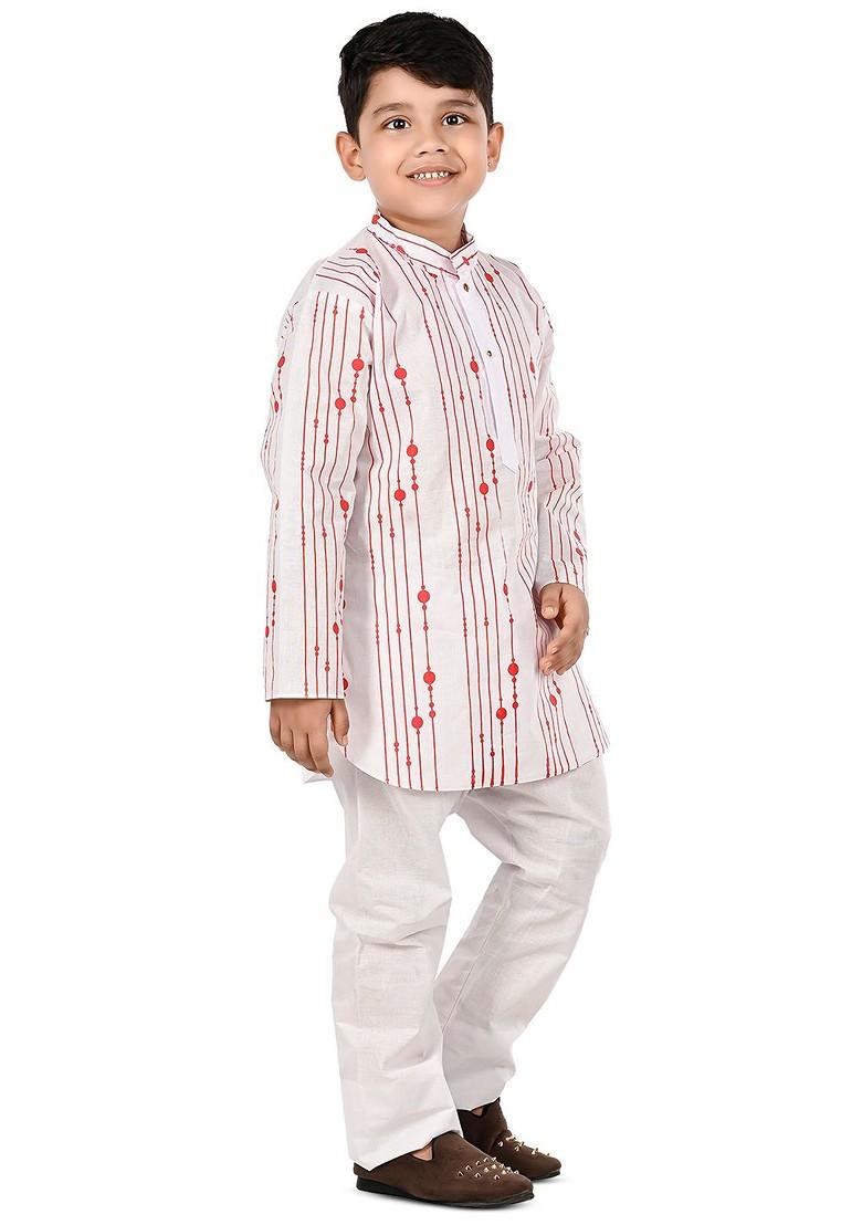 Red Striped Cotton Kurta Set For Boys - Indya