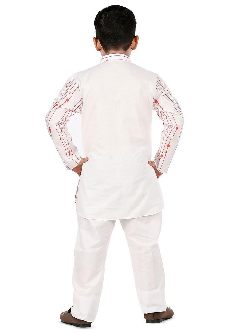 Red Striped Cotton Kurta Set For Boys - Indya
