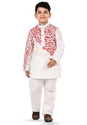 Red Printed Cotton Kurta Set For Boys