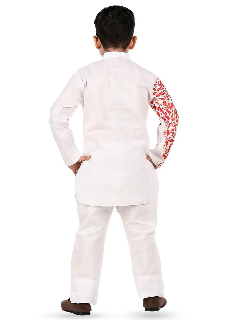 Red Printed Cotton Kurta Set For Boys - Indya