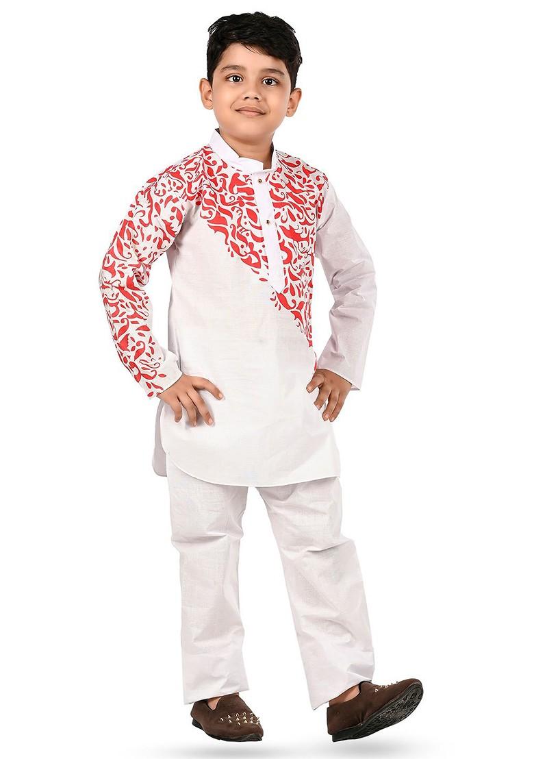 Red Printed Cotton Kurta Set For Boys - Indya