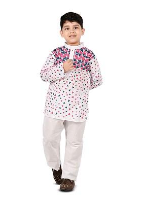White Printed Cotton Kurta Set For Boys
