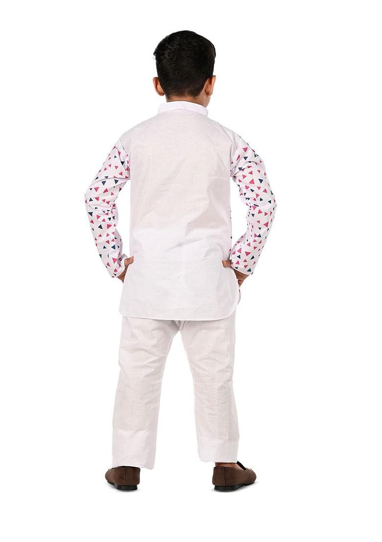 White Printed Cotton Kurta Set For Boys - Indya