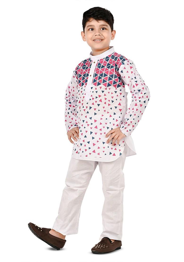 White Printed Cotton Kurta Set For Boys - Indya