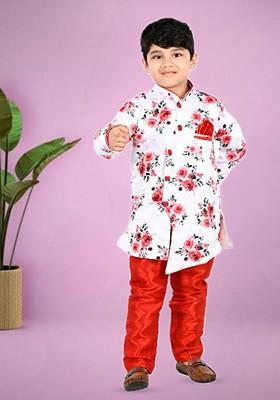 Red Printed Blended Kurta Set For Boys