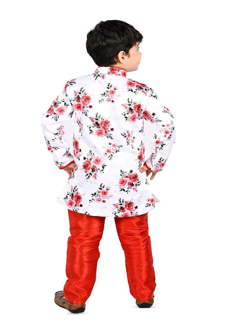 Red Printed Blended Kurta Set For Boys - Indya