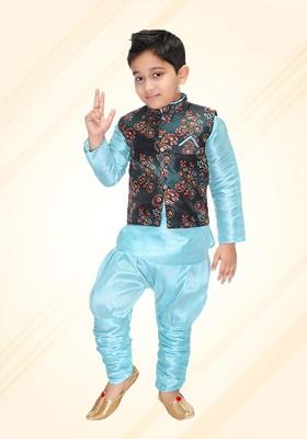 Turquoise Blue Printed Blended Kurta Set For Boys