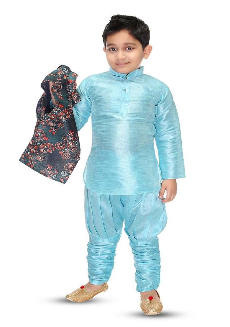 Turquoise Blue Printed Blended Kurta Set For Boys - Indya