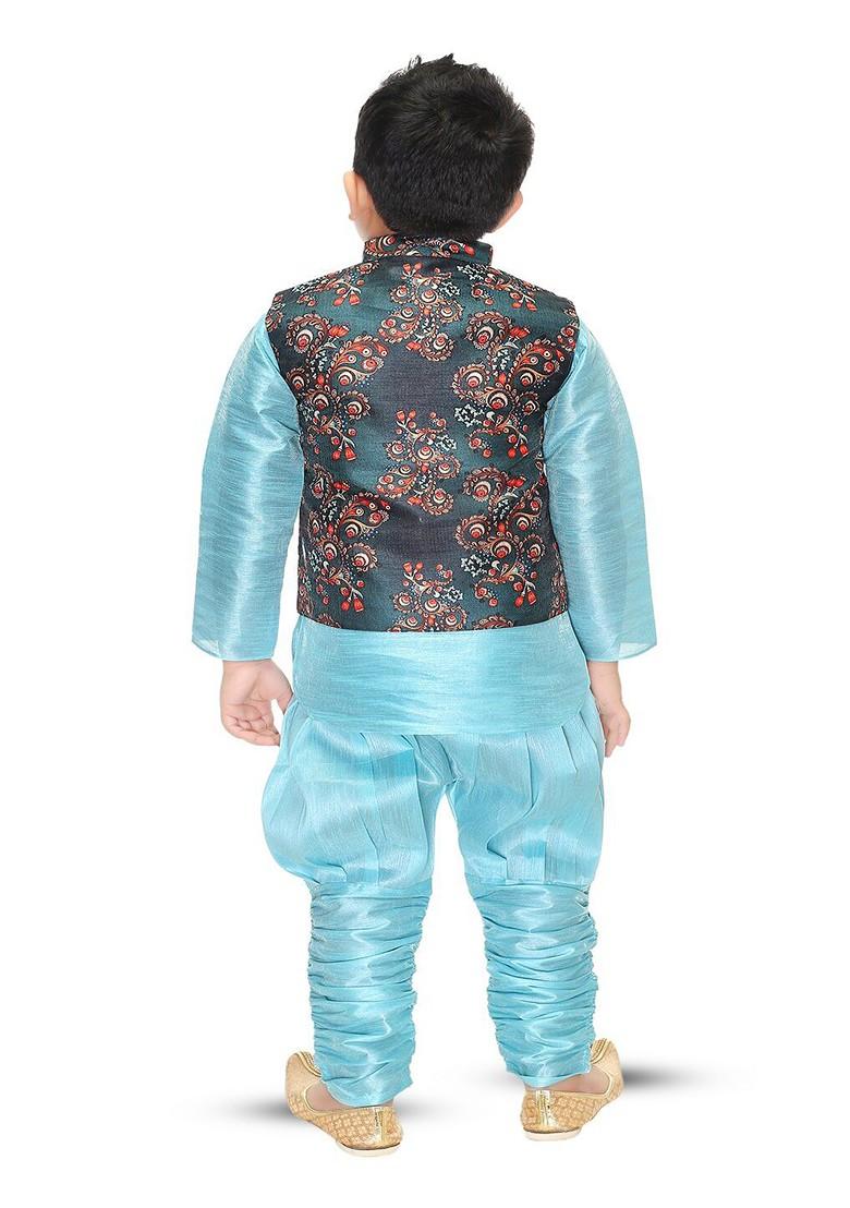 Turquoise Blue Printed Blended Kurta Set For Boys - Indya