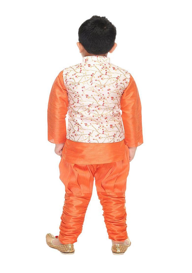 Orange Printed Blended Kurta Set For Boys - Indya