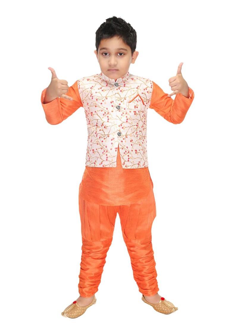 Orange Printed Blended Kurta Set For Boys - Indya