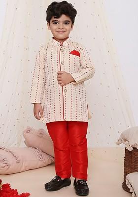White Embroidered Blended Kurta Set For Boys