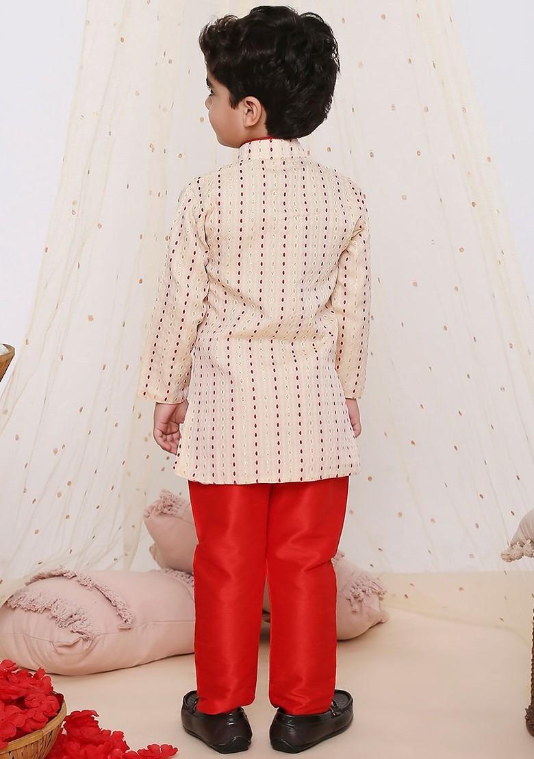 White Embroidered Blended Kurta Set For Boys - Indya