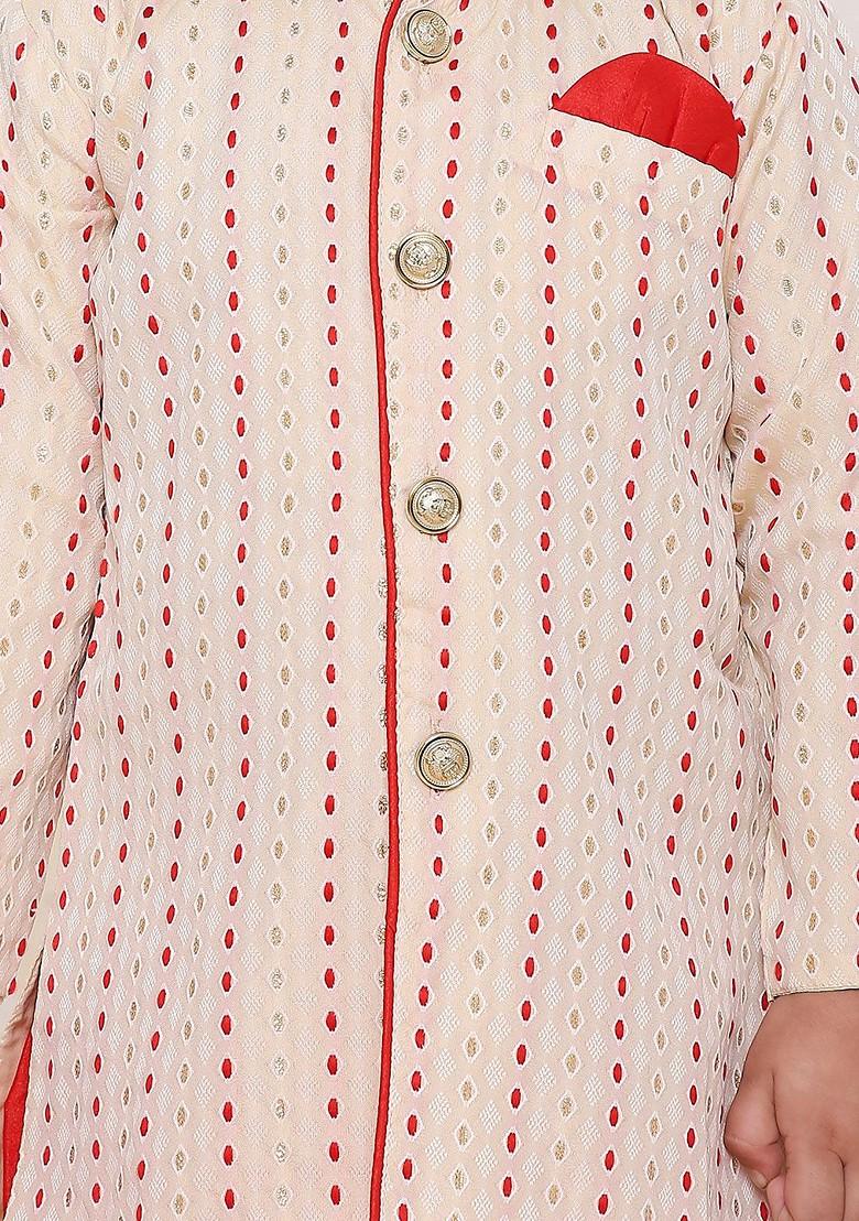 White Embroidered Blended Kurta Set For Boys - Indya