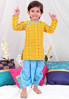 Yellow Printed Cotton Kurta Dhoti Set For Boys