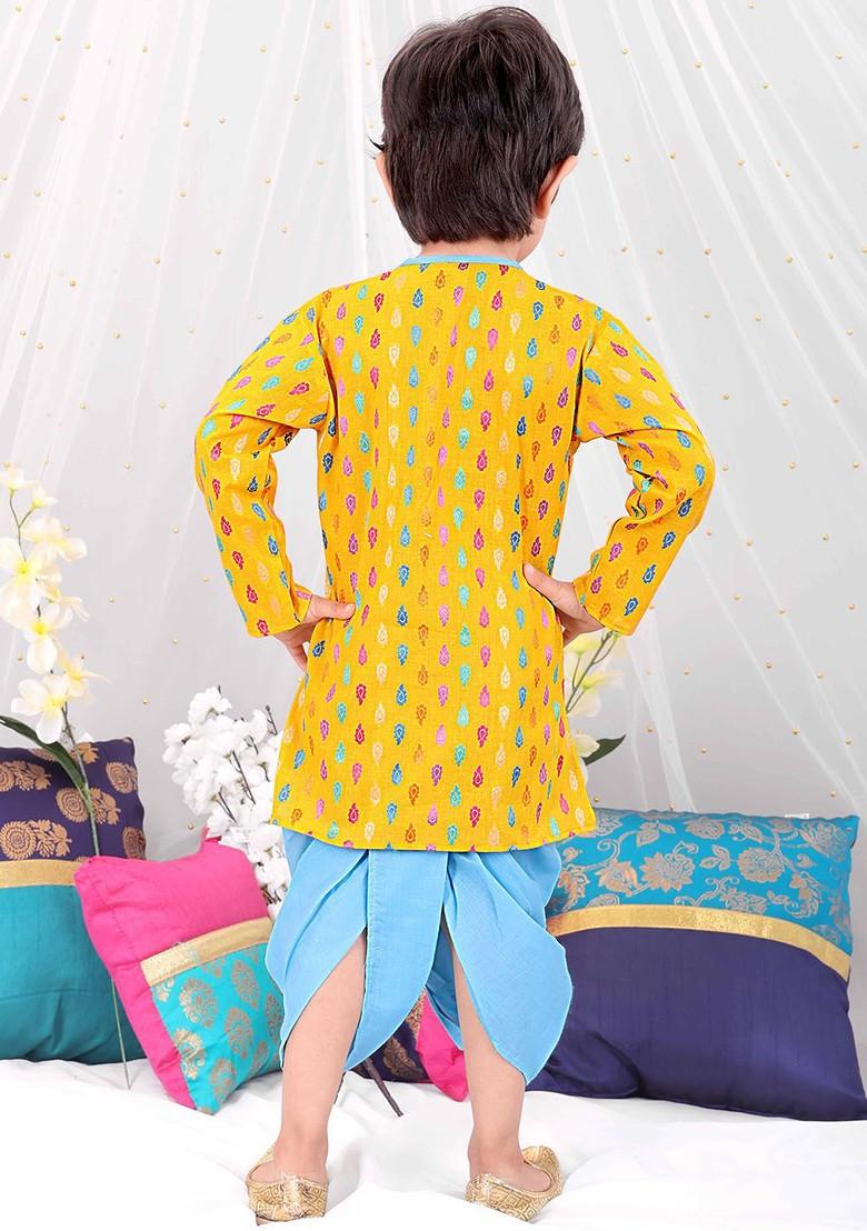 Yellow Printed Cotton Kurta Dhoti Set For Boys - Indya