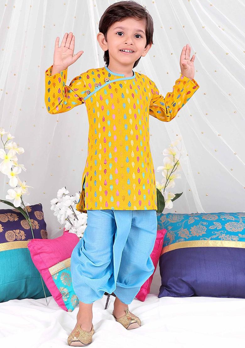 Yellow Printed Cotton Kurta Dhoti Set For Boys - Indya