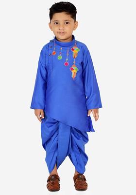 Blue Printed Blended Kurta Dhoti Set For Boys